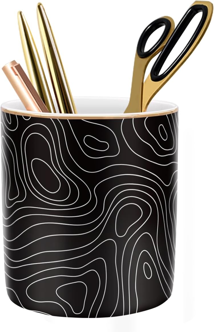 WAVEYU Pen Holder, Pencil Cup for Desk, Cute Makeup Brush Holder, Durable Ceramic Organizer Decor for Room, Office, Classroom, Abstract Pattern - Image 1